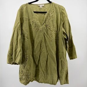JM Collection Woman 100% Linen Tunic Top‎ Womens 22W Green Beaded 3/4 Sleeve